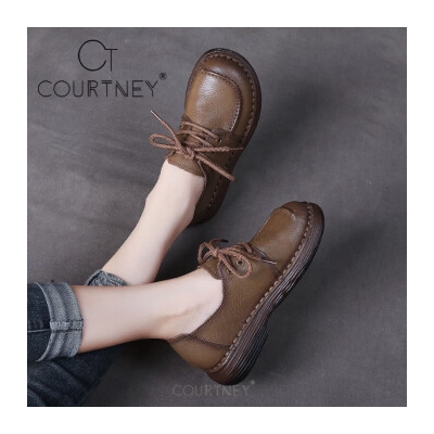 Courtney品牌手工真皮軟底休閑小皮鞋女舒適系帶牛皮單鞋復古 深卡其色 37